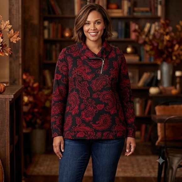 croft & barrow Tops - Croft & Barrow Sweatshirt Wms 1X Red Paisley Quarter Zip Pullover Classic Cozy